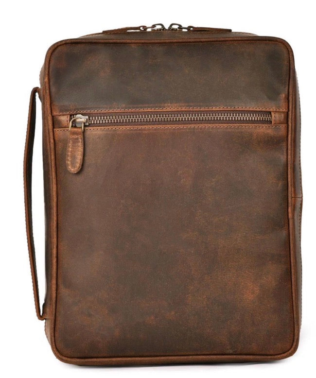 11 INCH BROWN LEATHER BIBLE COVER W/INTERNAL COMPARTMENTS & HANDLE