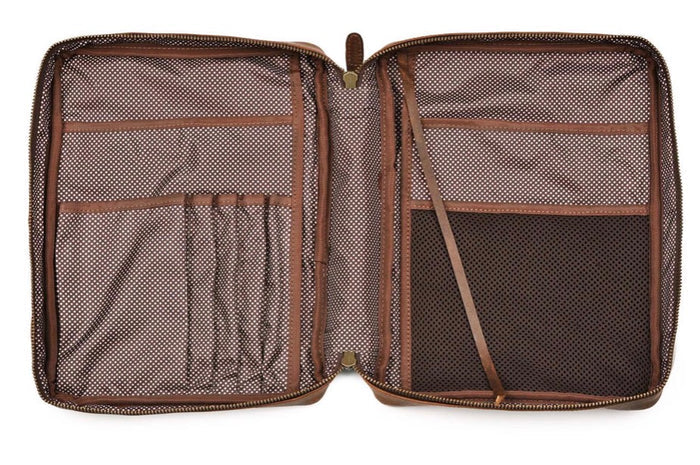 11 INCH BROWN LEATHER BIBLE COVER W/INTERNAL COMPARTMENTS & HANDLE