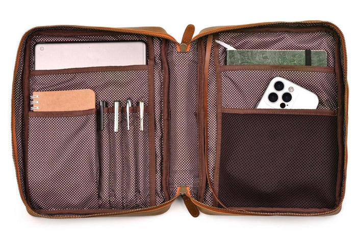 11 INCH BROWN LEATHER BIBLE COVER W/INTERNAL COMPARTMENTS & HANDLE