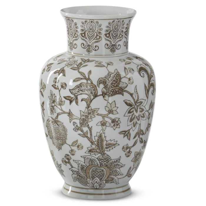 11.75 Inch Taupe & White Porcelain Chinoiserie Vase