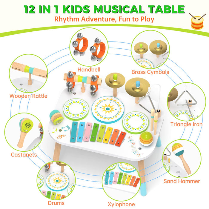12-in-1 Drum Set for Toddlers 1-3, Wooden Baby Musical Instruments