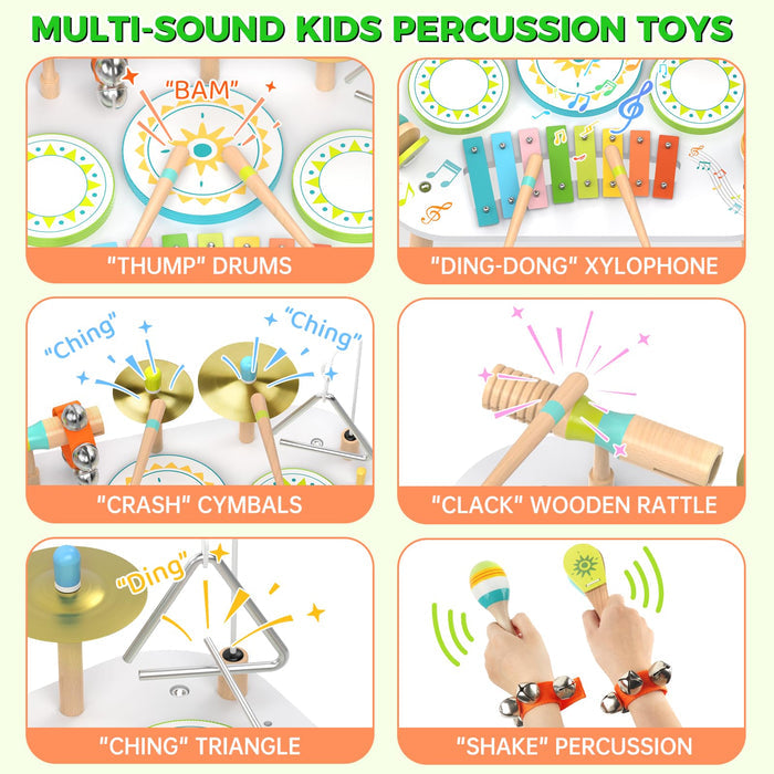 12-in-1 Drum Set for Toddlers 1-3, Wooden Baby Musical Instruments
