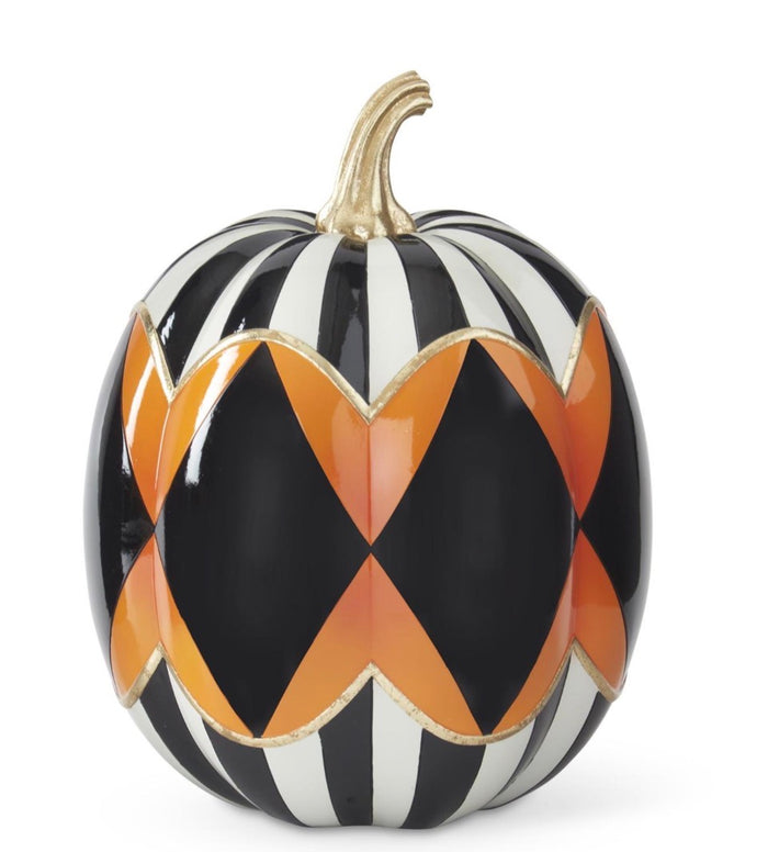 12.5 INCH BLACK & WHITE STRIPED W/ORANGE & BLACK CHECK RESIN PUMPKIN