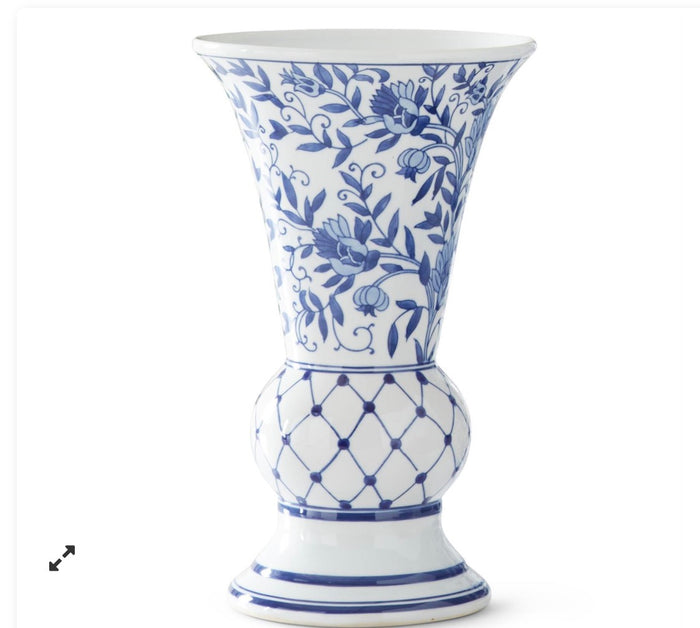 14 Inch Blue & White Fluted Chinoiserie Vase