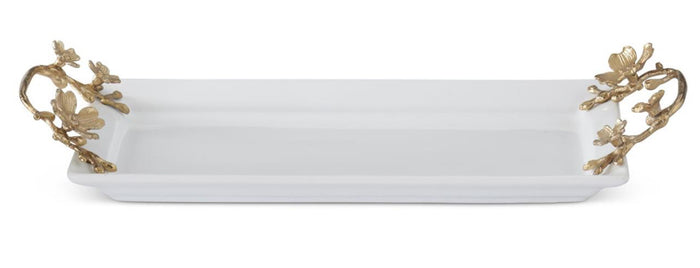 17.25 Inch White Ceramic Rectangular Tray w/Gold Metal Floral Handles