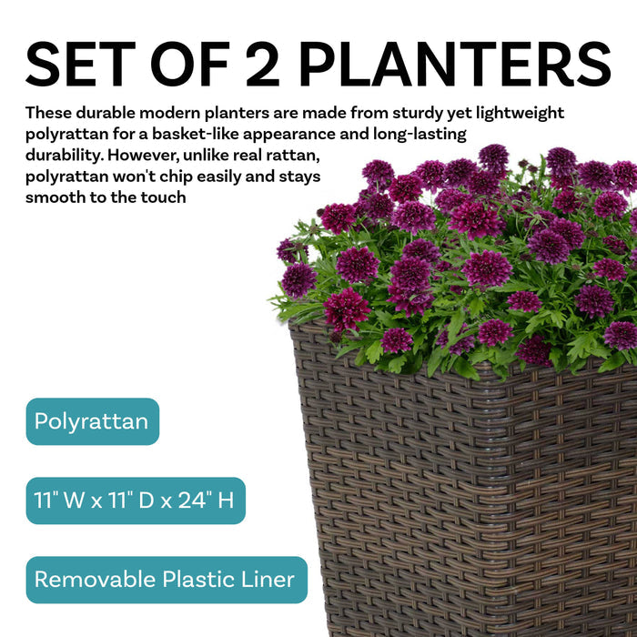 24 in Polyrattan Tall Square Planter - Brown