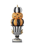 27 INCH ORANGE BLACK & WHITE RESIN 3 STACK PUMPKINS ON URN W/GOLD HANDLES