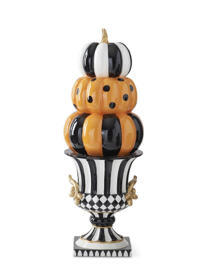 27 INCH ORANGE BLACK & WHITE RESIN 3 STACK PUMPKINS ON URN W/GOLD HANDLES