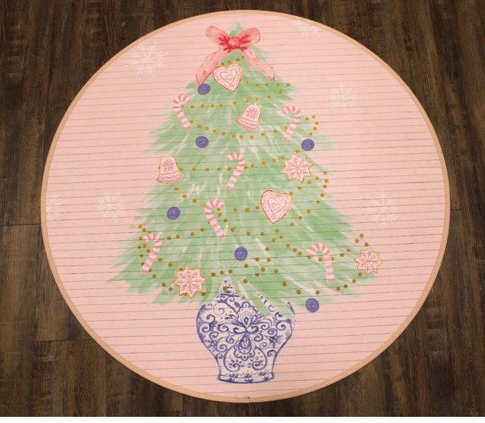 35" Round Bamboo Mat, Tree with Pink Hearts & Bow, Chinoiserie Pot
