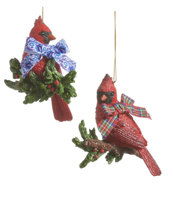 4" Cardinal With Holly And Bow Ornament