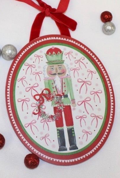 4.5x6" Nutcracker Ornament with Glitter, and Velvet Ribbon