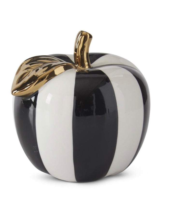 4.75 Inch Black & White Striped Ceramic Apple w/Gold Accents