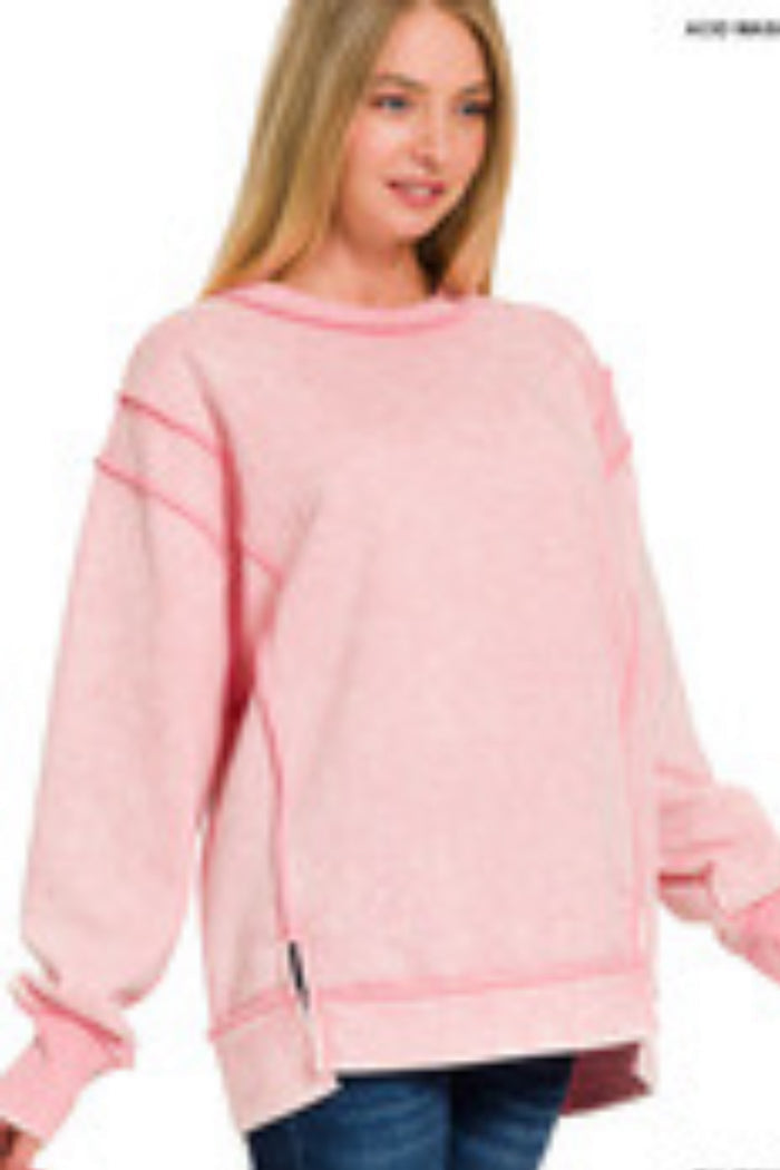 Acid Wash Exposed-seam Fleece Sweatshirt