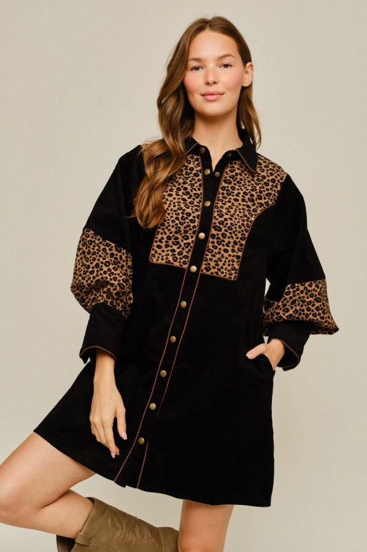 Animal contrast, button-down dress