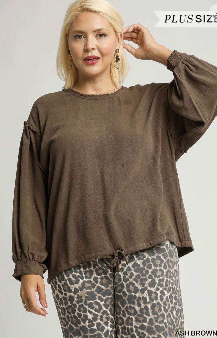 Ash Brown linen long sleeve top with drawstring