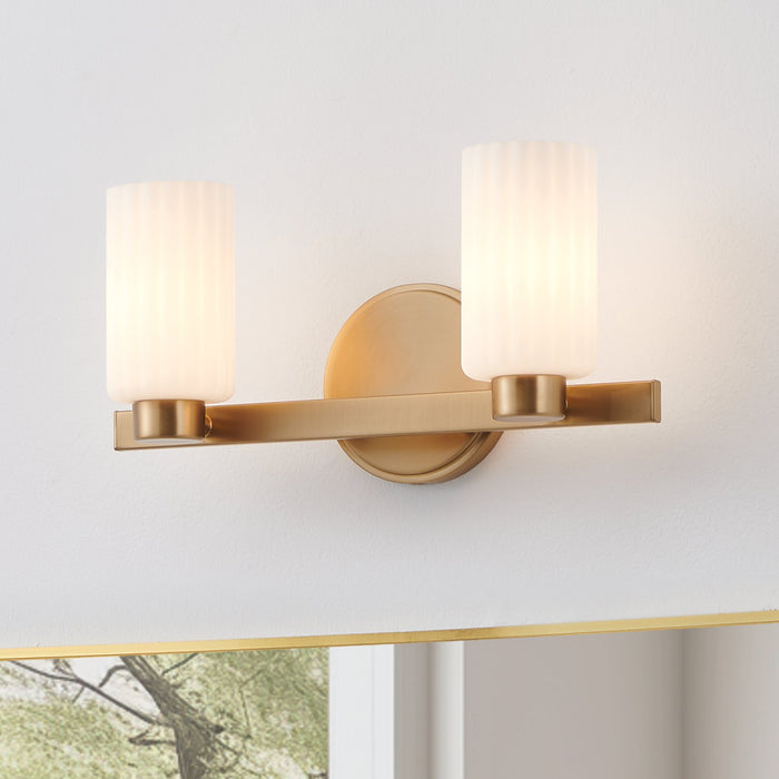 Bedminster 14-inch 2-light Champagne Gold Vanity Light with Etched Opal Ribbed Glass Shades