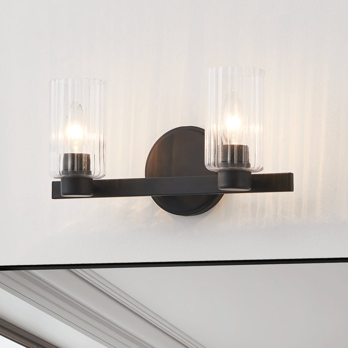 Bedminster 14-inch 2-light Matte Black Vanity Light with Clear Ribbed Glass Shades