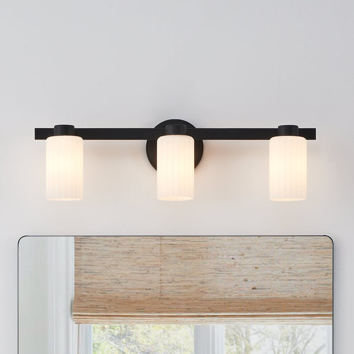 Bedminster 24-inch 3-light Matte Black Vanity Light with Etched Opal Ribbed Glass Shades