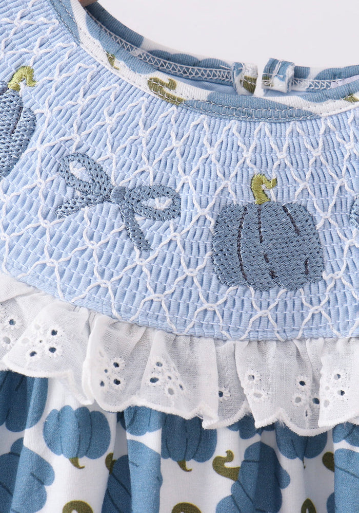 Blue pumpkin bow smocked dress