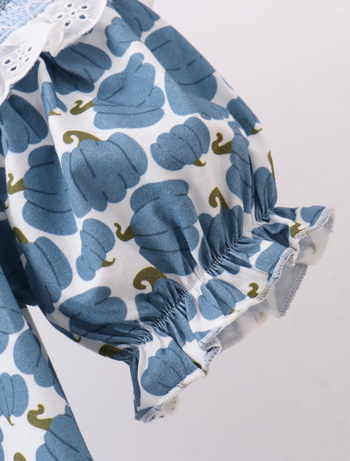 Blue pumpkin bow smocked dress