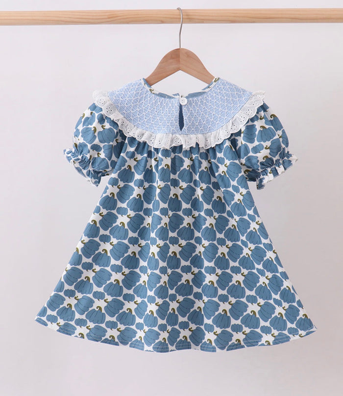 Blue pumpkin bow smocked dress