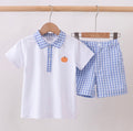 Blue pumpkin embroidery gingham shorts set