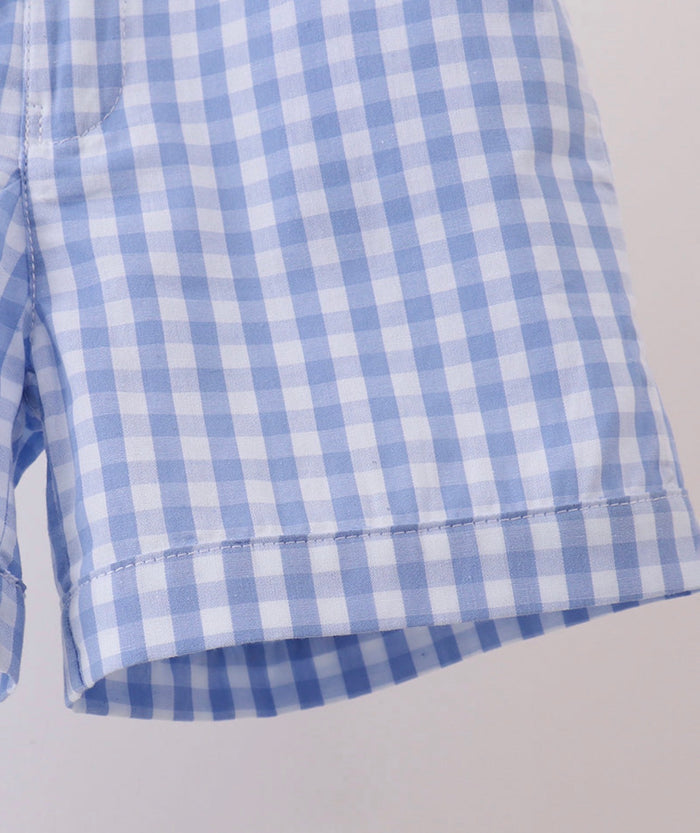 Blue pumpkin embroidery gingham shorts set