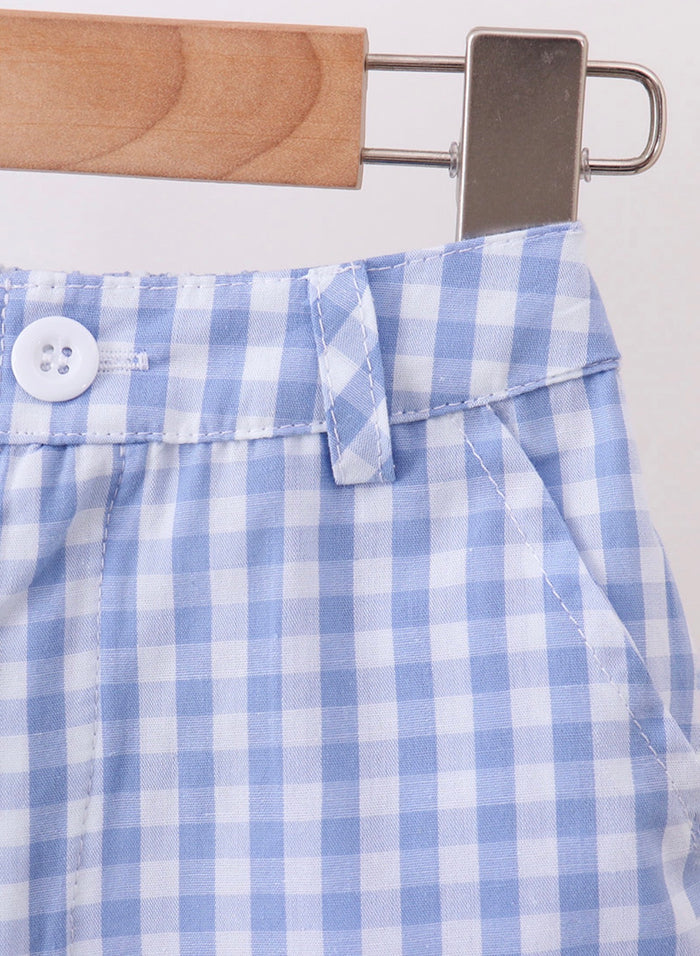 Blue pumpkin embroidery gingham shorts set