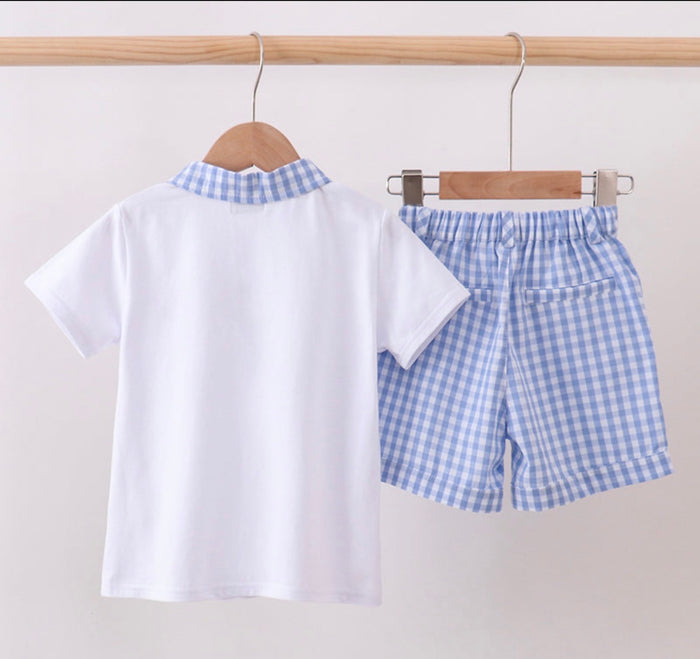 Blue pumpkin embroidery gingham shorts set