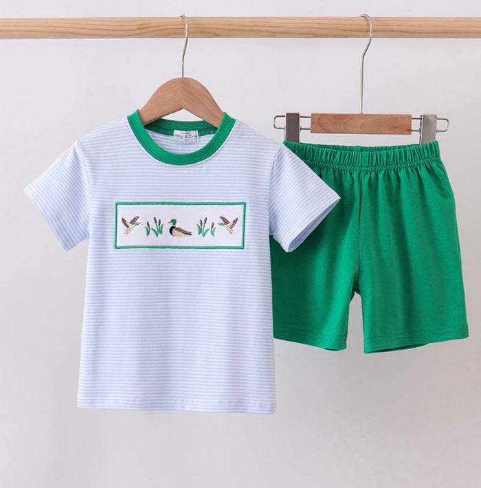 Blue stripe duck embroidery shorts set