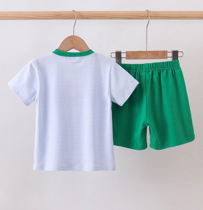 Blue stripe duck embroidery shorts set