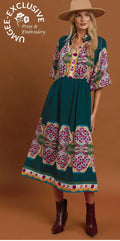 Boho Floral Border Print Midi Dress