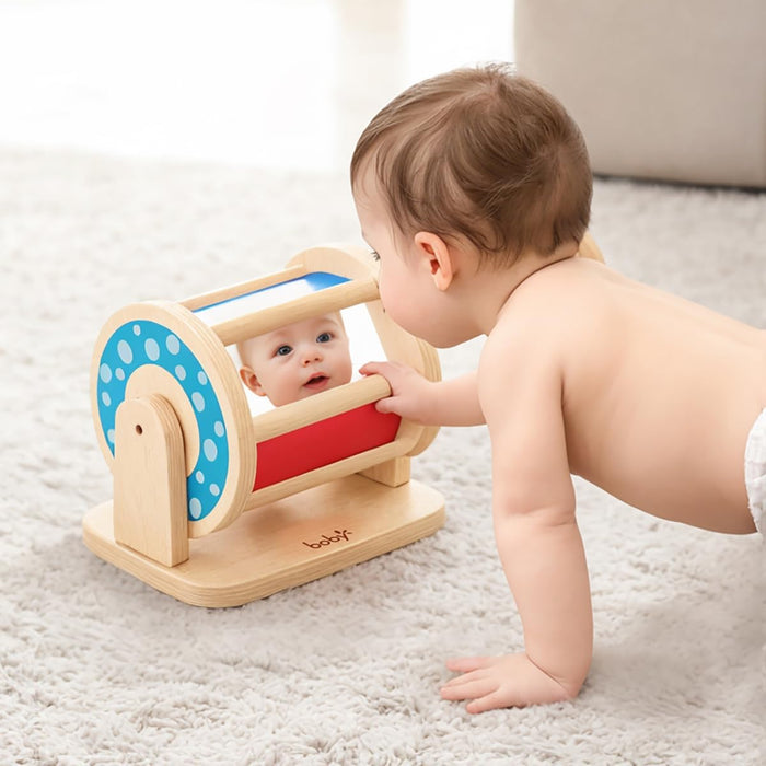 Dailyfunn Montessori Toys Wooden Spinning Drum Tummy Time Floor Mirror Toy for Babies Toddlers 1-3 Years Old