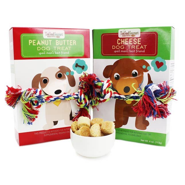 Dog Gift Set – Treats with Rope Toy: Peanut Butter or Cheese