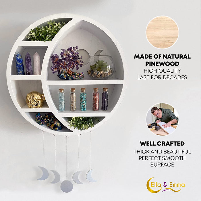 Ella & Emma 5-Shelf Pine Wooden Crescent Moon Crystal Shelf - Bohemian Style, Wall Mount, Bedroom, Living Room, Office