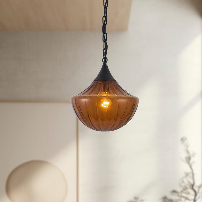 Farrah 12-in Amber Ribbed Glass Socket Pendant