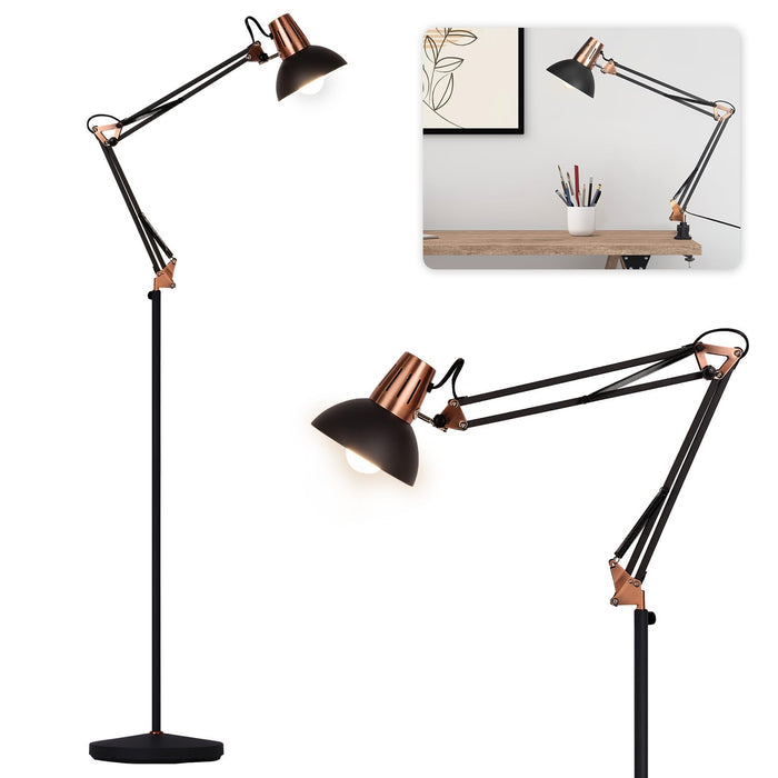 FIRVRE Industrial Floor Lamp with Swing Arm, Adjustable Height, Heavy Duty Base, Sandy Black, Model 003