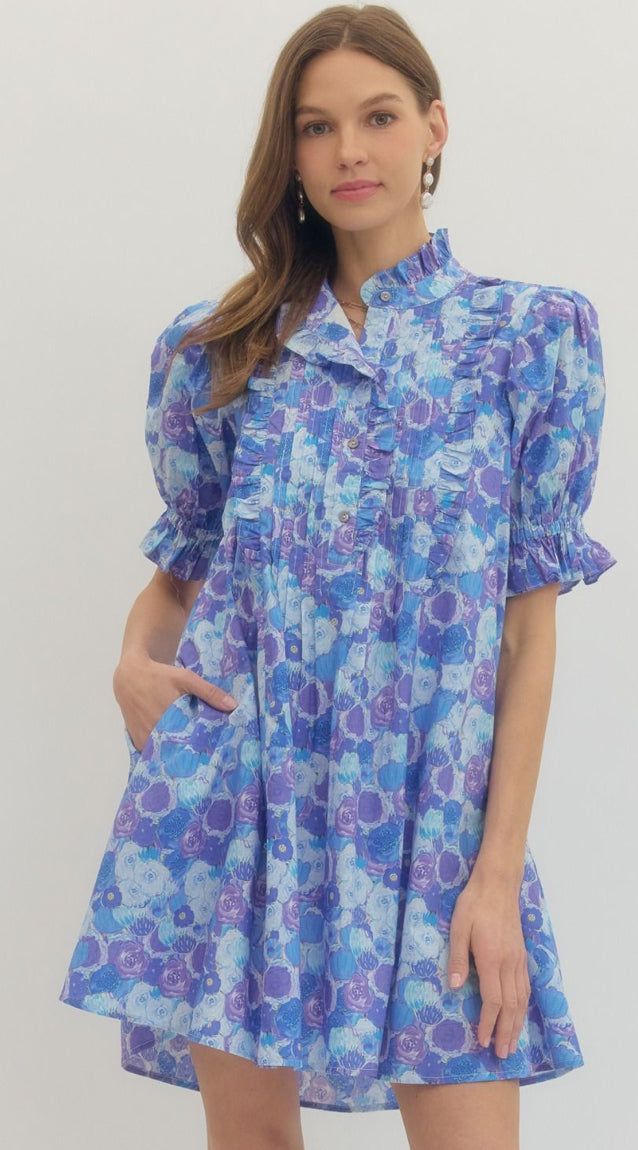 Floral print short puff sleeve mini dress