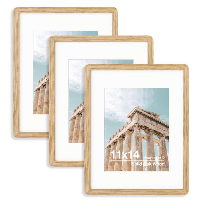 FLYJOE Oak Wood Picture Frame - 11x14 with Mat for 8x10, Plexiglas & Hanging Hardware (Natural Oak, 3 Packs)