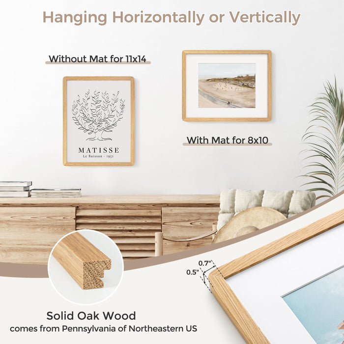 FLYJOE Oak Wood Picture Frame - 11x14 with Mat for 8x10, Plexiglas & Hanging Hardware (Natural Oak, 3 Packs)