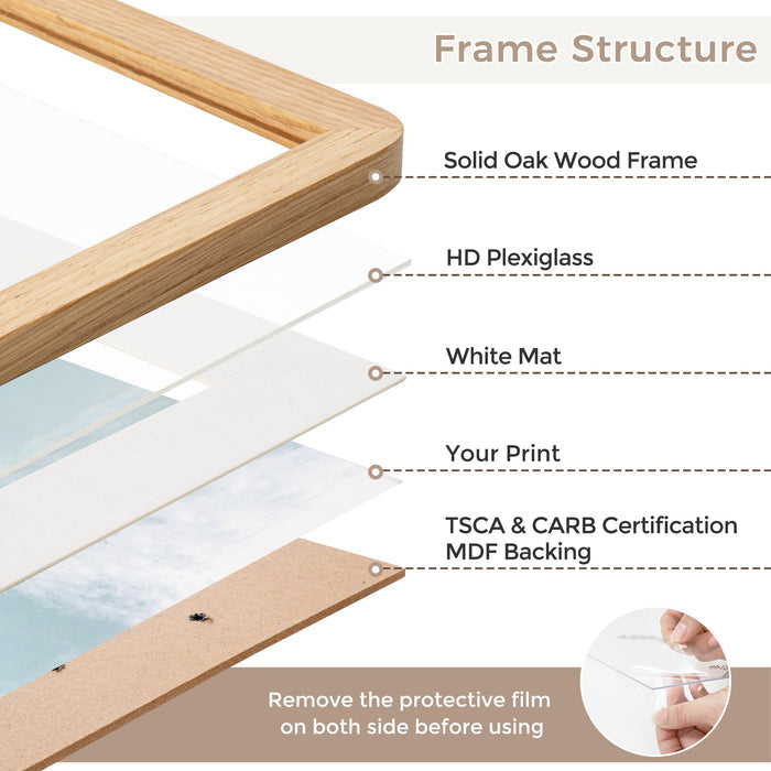 FLYJOE Oak Wood Picture Frame - 11x14 with Mat for 8x10, Plexiglas & Hanging Hardware (Natural Oak, 3 Packs)