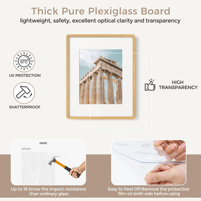 FLYJOE Oak Wood Picture Frame - 11x14 with Mat for 8x10, Plexiglas & Hanging Hardware (Natural Oak, 3 Packs)