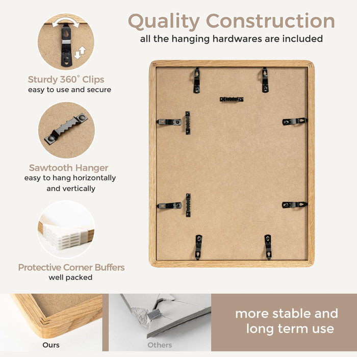 FLYJOE Oak Wood Picture Frame - 11x14 with Mat for 8x10, Plexiglas & Hanging Hardware (Natural Oak, 3 Packs)