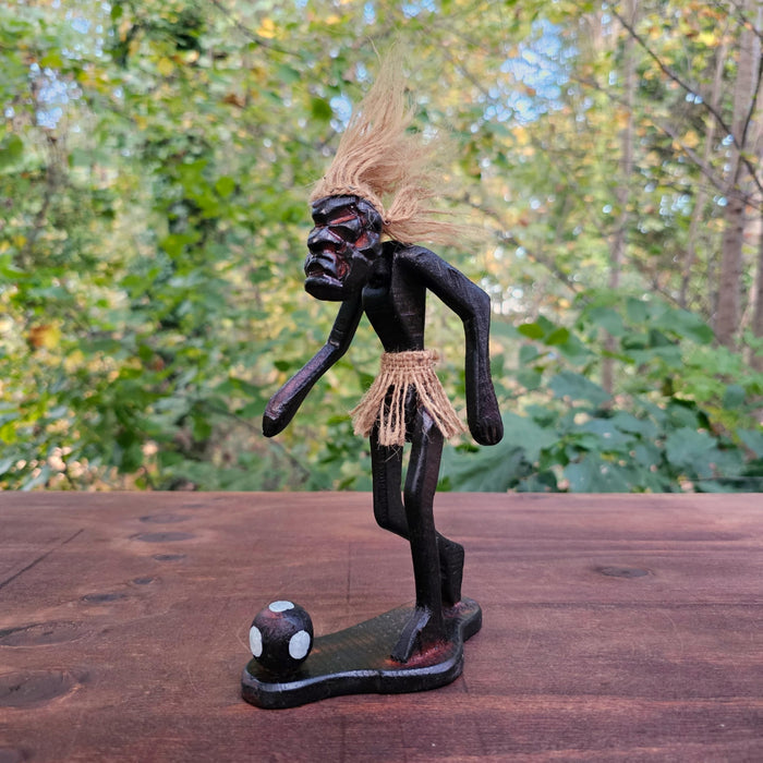 G6 Collection Wooden Handmade Tiki Playing Soccer Statue, 8 inch
