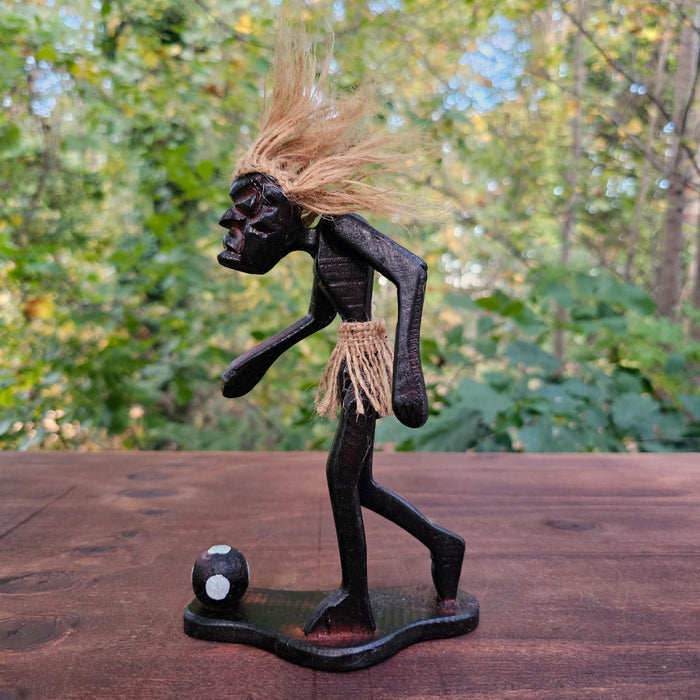 G6 Collection Wooden Handmade Tiki Playing Soccer Statue, 8 inch