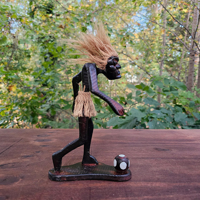 G6 Collection Wooden Handmade Tiki Playing Soccer Statue, 8 inch