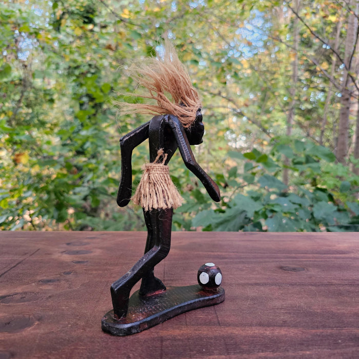 G6 Collection Wooden Handmade Tiki Playing Soccer Statue, 8 inch