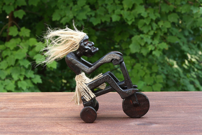 G6 Collection Wooden Handmade Tiki Riding Tricycle Statue, 6 inch