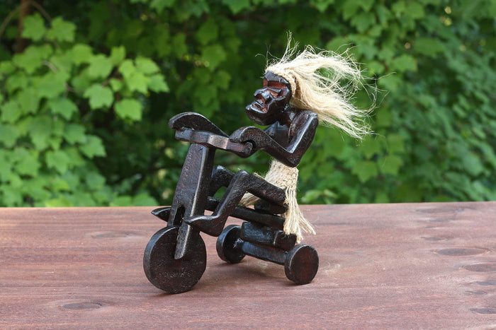 G6 Collection Wooden Handmade Tiki Riding Tricycle Statue, 6 inch