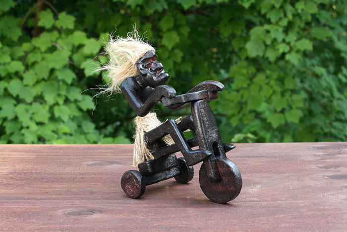 G6 Collection Wooden Handmade Tiki Riding Tricycle Statue, 6 inch